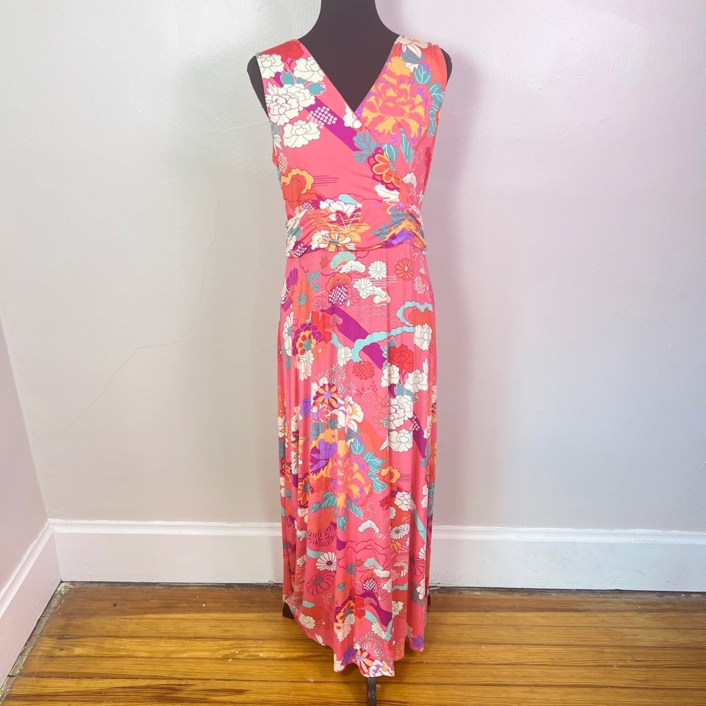 Soft Surroundings "Posie" Maxi Dress Medium Pink Floral Print V-Neck Sleeveless